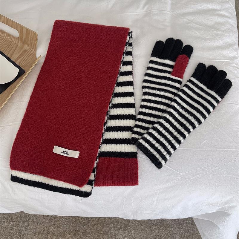 

Имитация кашемира полосатый вязаный шарф, перчатки комплект универсальный теплый шарф для пар для мужчин и женщин красный