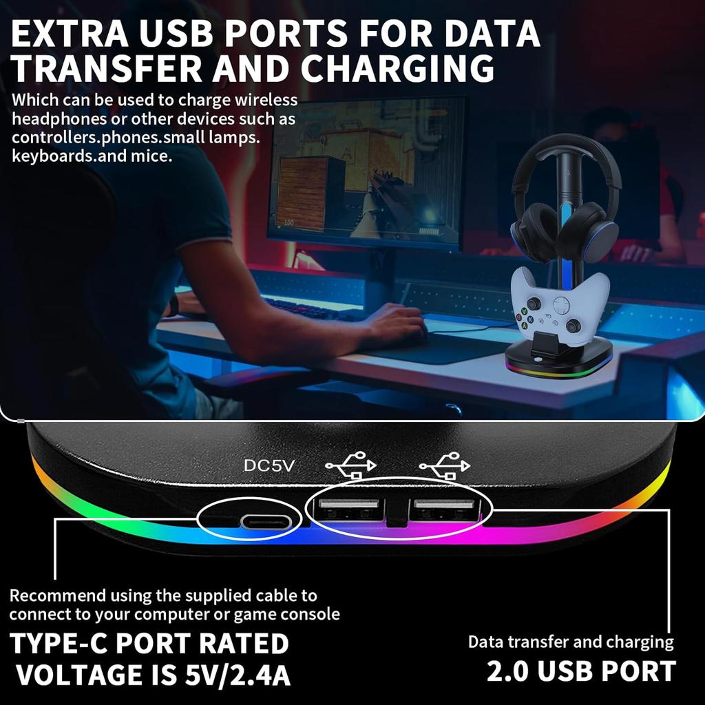RGB Headphone Stand with Charger, Xbox Controller Charging Station Headset Stand Suitable for Xbox Series X/S/One/One X/One S Charging, Equipped with