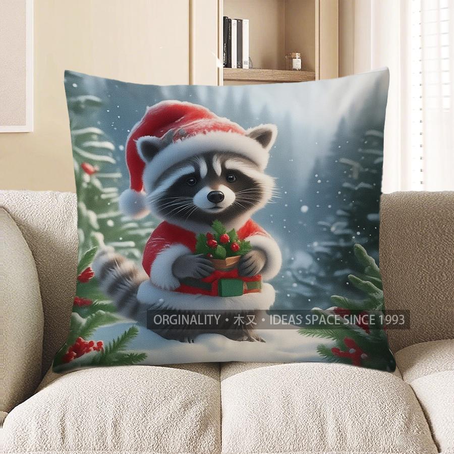Home Decor Christmas Raccoon Cushion Cover With Holiday Charm Pattern Cushion Cover Suitable For Sofa Bedroom Car Pillow Cover