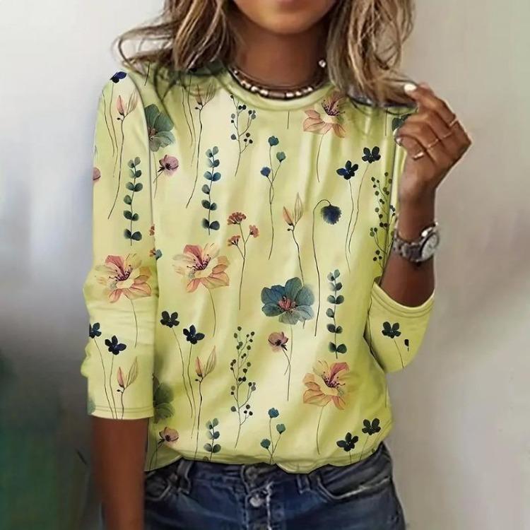 Casual Long Sleeve Women's Floral Print Sweatshirt Spring Fall Clothing Crew Neck