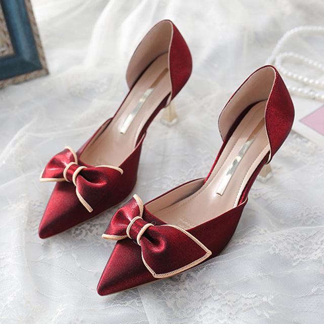 

Rimocy Модные туфли на высоком каблуке с бантом, женские сексуальные туфли с острым носком D Orsay, двухкомпонентные туфли-лодочки на тонком каблуке, женские элегантные свадебные туфли для банкета 39 вино красного