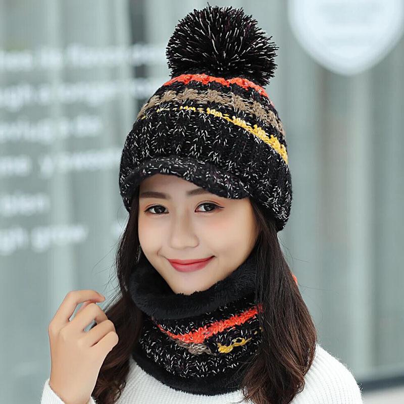 Fleece Knitted Cap Women's Autumn and Winter Fashion Mixed Color Scarf Hat Set Student Cold Cycling Wool Hat