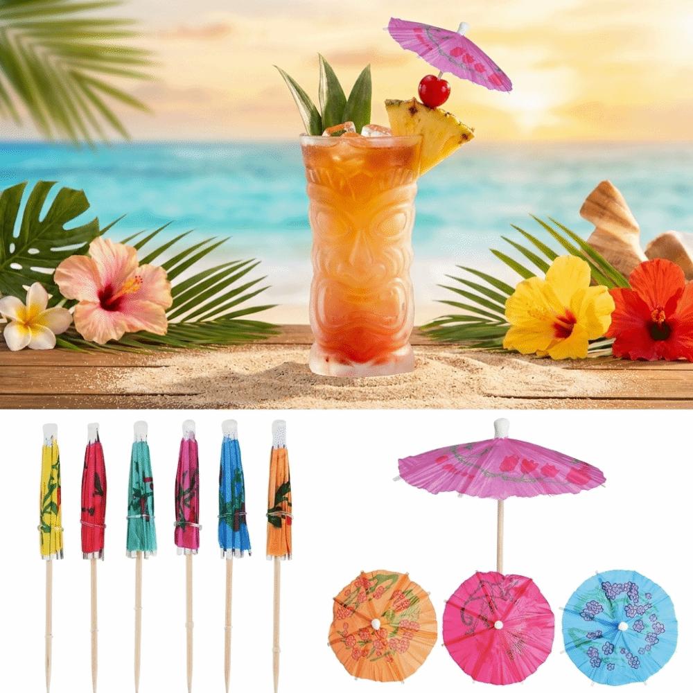 100PCS Paper Umbrella Tops Cocktail Picks Wooden Sticks Decorative Skewers Dessert Topping