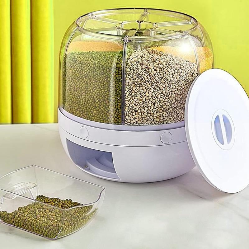 Rotating Grain Dry Food Dispenser Countertop - 6 Grids Cereal Tank Dispenser for Lentils, Rice, Beans - Kitchen Pantry Storage Container