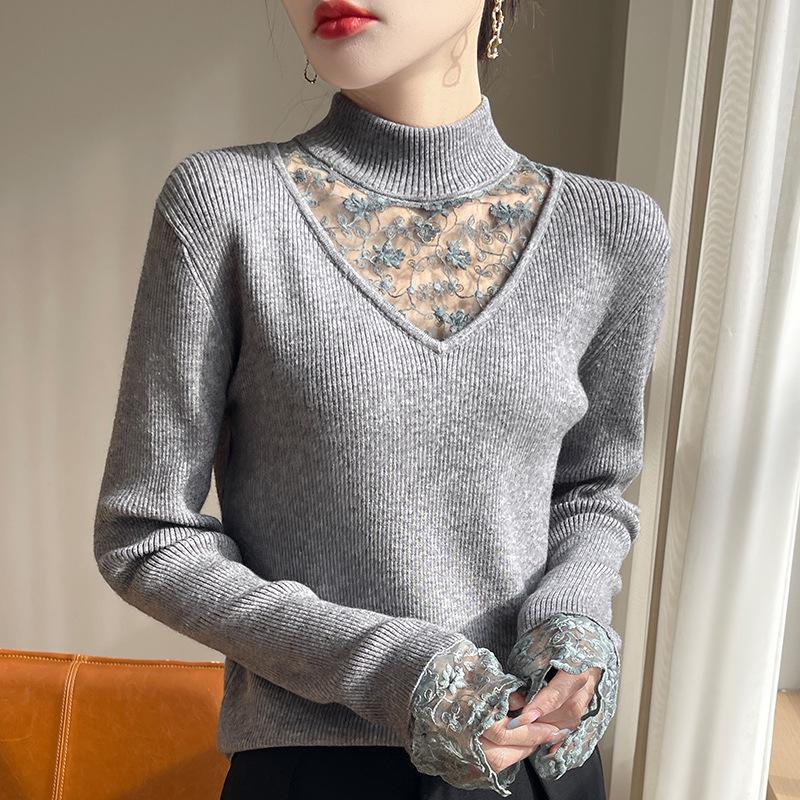 

Женский вязаный свитер с полувысоким воротником и кружевной вставкой - Коллекция Осень/Зима 2025 2XL 67.5-80 kg серый