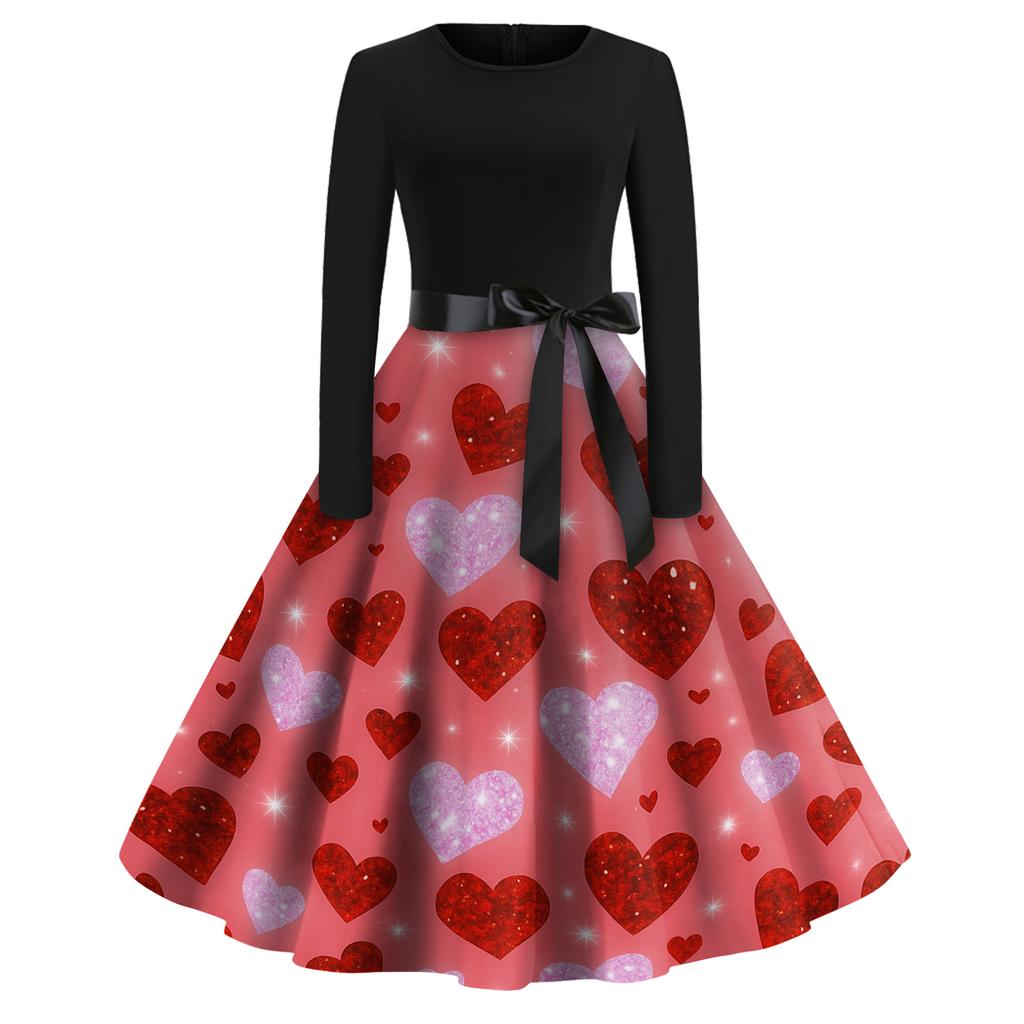 Women's Fashion Round Casual Slim Fit  Print Large Swing Long Sleeve Dress