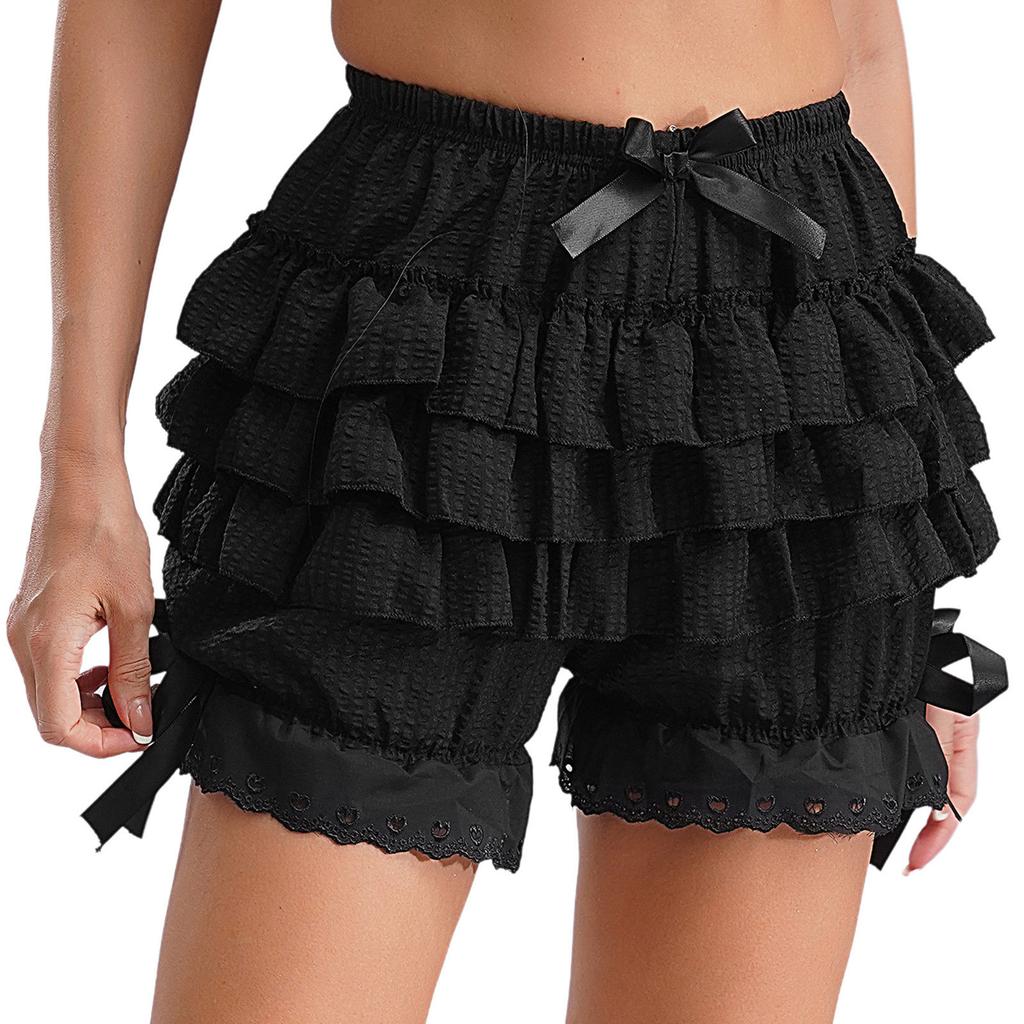 Womens Ruffled Bloomers Tiered Maid Cosplay Shorts Bowknot Culottes Halloween Panties