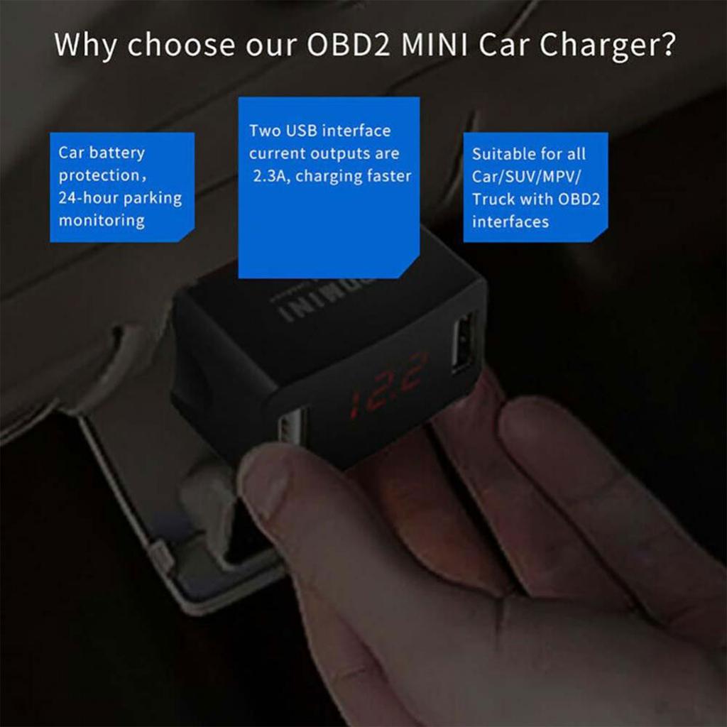 Car Obd Charger with Voltage Monitoring Obd2 Charger Suitable for 12v/ Models Dual Output Usb Interface Fast Charging