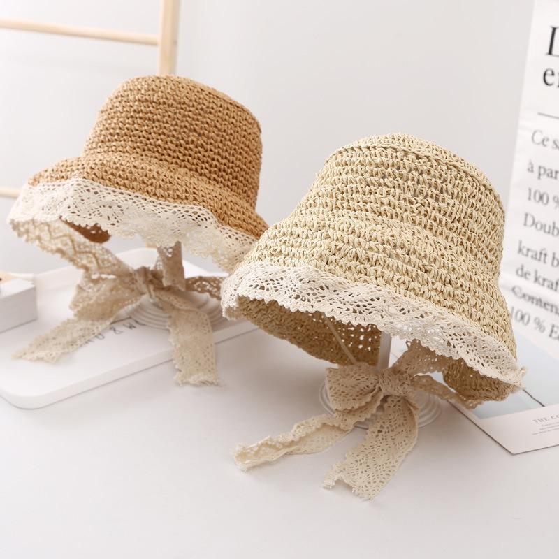 Handmade Crocheted Lace Lace Tied Straw Woven Women'S Back Opening Ponytail Hat Summer Breathable Sun Protection&Sunshade Hat