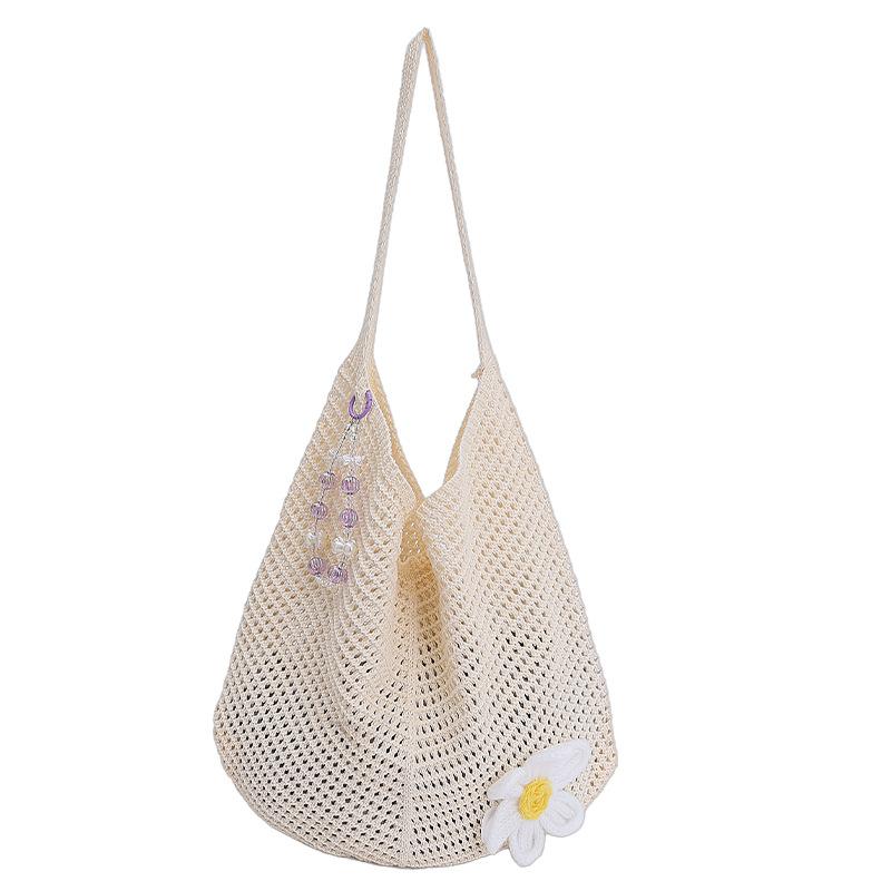 Woven Bag Women's New Shoulder Tote Bag Lazy Wind Knitted Hollow Flower Beach Bag