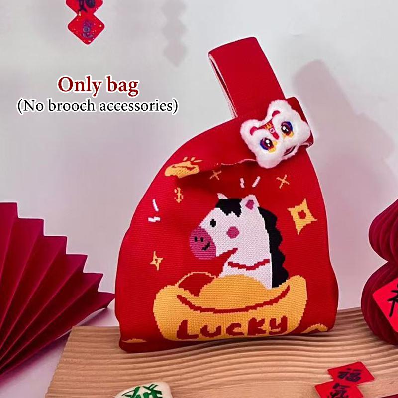 2026 New Year Cartoon Mascot Pony Knitted Gift Bag Handheld Candy Bag Large Capacity Knot Wrist Bag Cute Reusable Shopping Bags