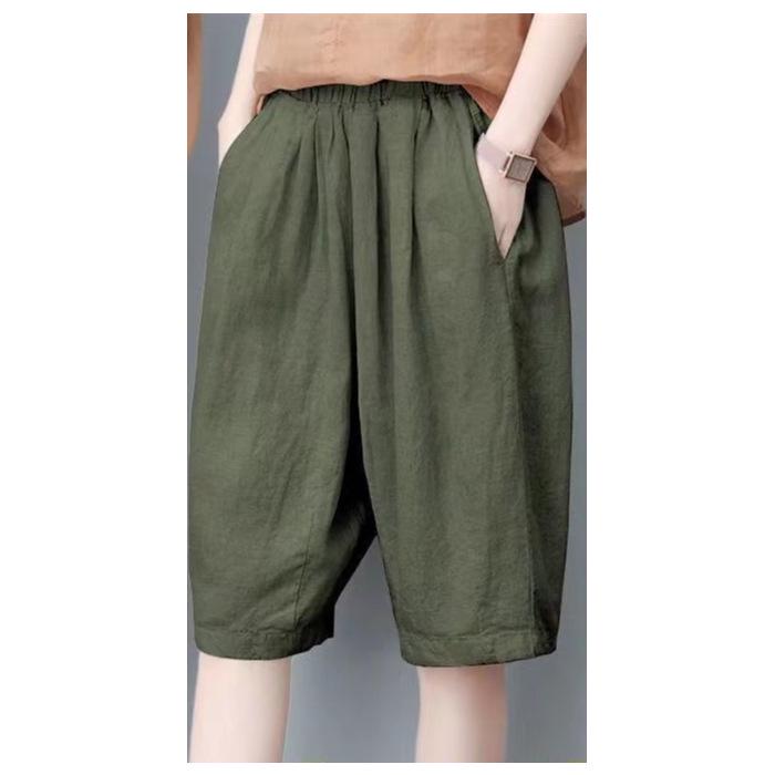 

Жіночі бавовняно-лляні повсякденні шорти з високою посадкою та широкими штанинами 4XL зелений