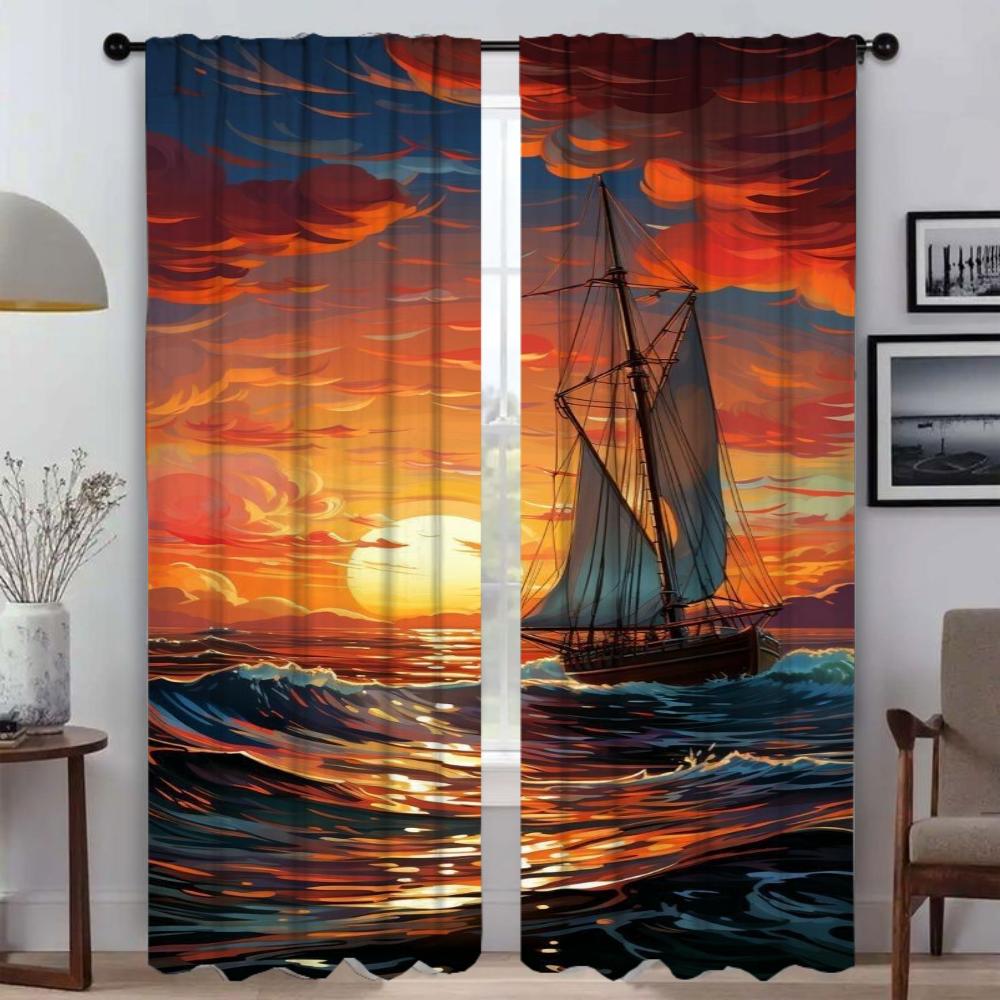 Window Curtain Room Panel Ship Illustration Partition Curtains Halloween Decoration Home Interior Shades Light Blocking Made Of Polyester