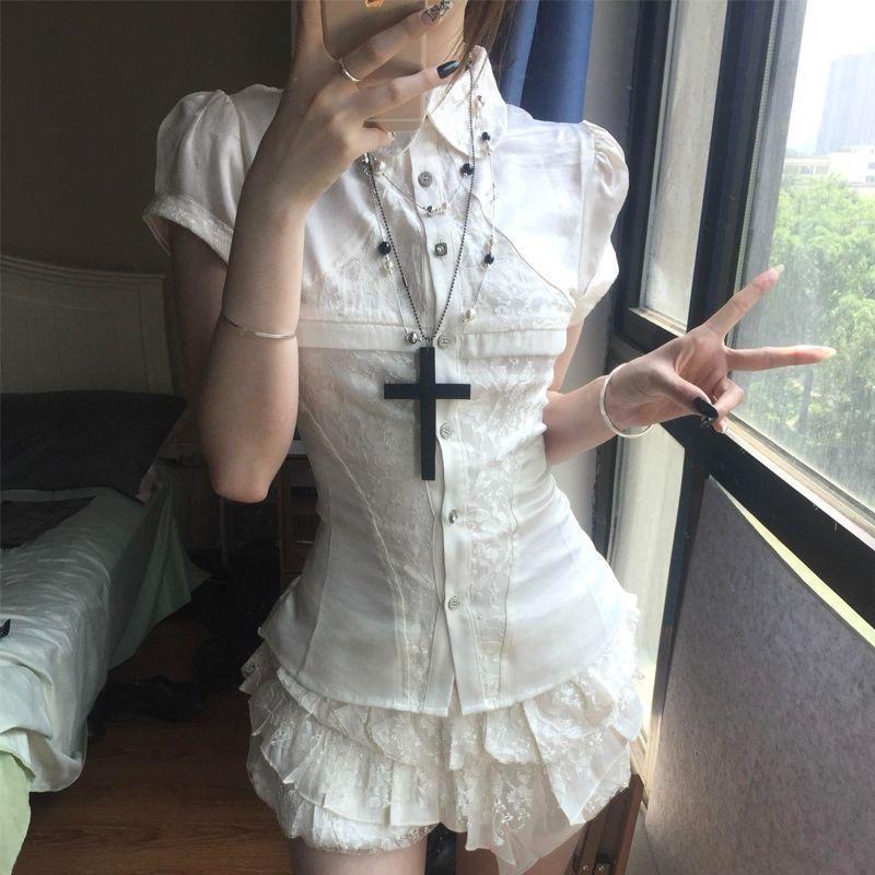 VAYLA Y2k Vintage Satin Lace Slim 2 Piece Set Women Chic Short Sleeve Shirt + Puffy Low Rise Bud Culottes Aesthetic Grunge Sexy Outfit