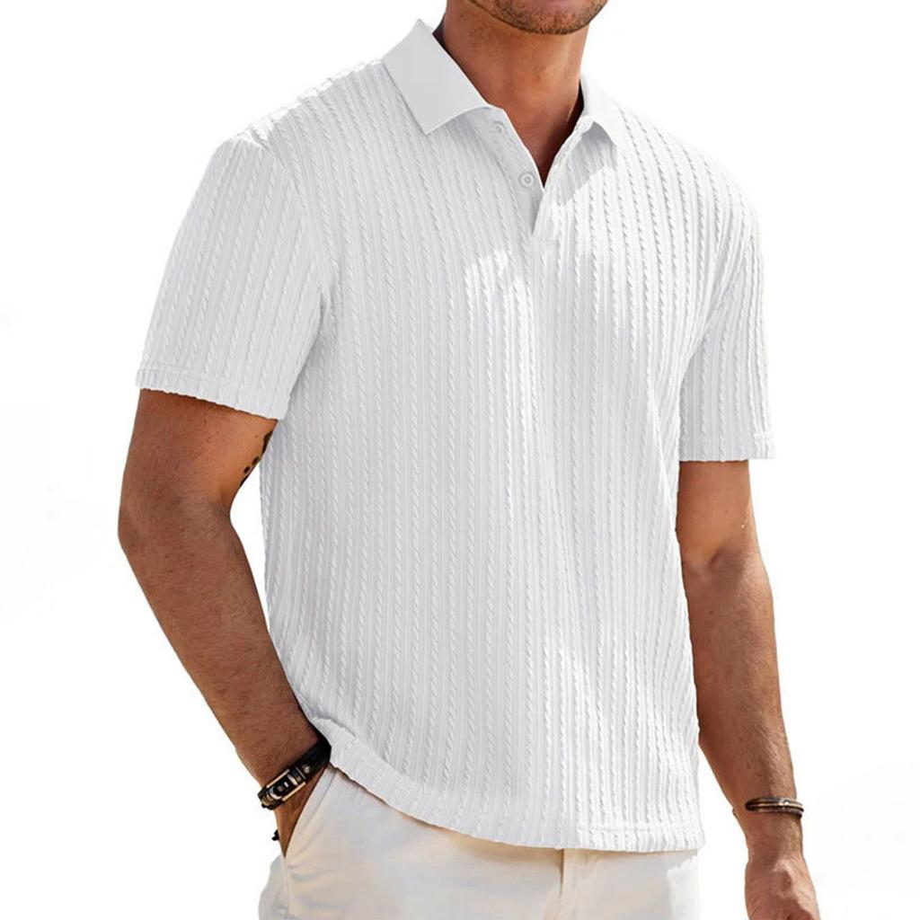 Men's Loose Fit Knitted Jacquard Short Sleeve Polo Shirt Button Front Casual Business Lightweight Summer Top