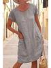 Women Casual Summer Cotton Linen Dress Washed Solid Color Round Neck Short Sleeve Loose Fit Pocket Dress
