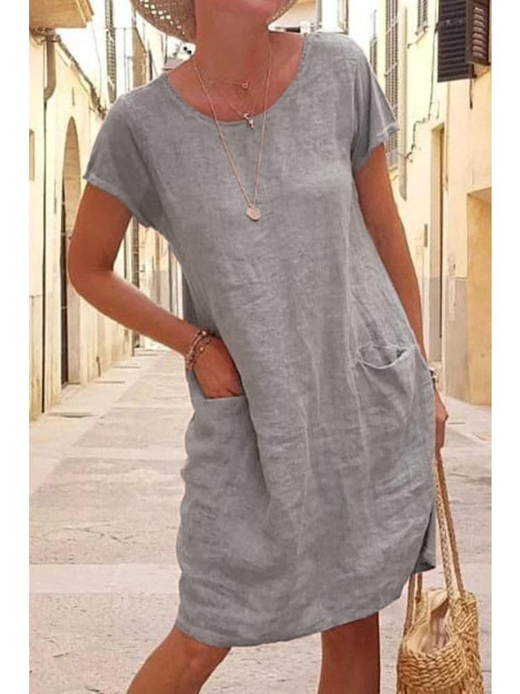 Women Casual Summer Cotton Linen Dress Washed Solid Color Round Neck Short Sleeve Loose Fit Pocket Dress