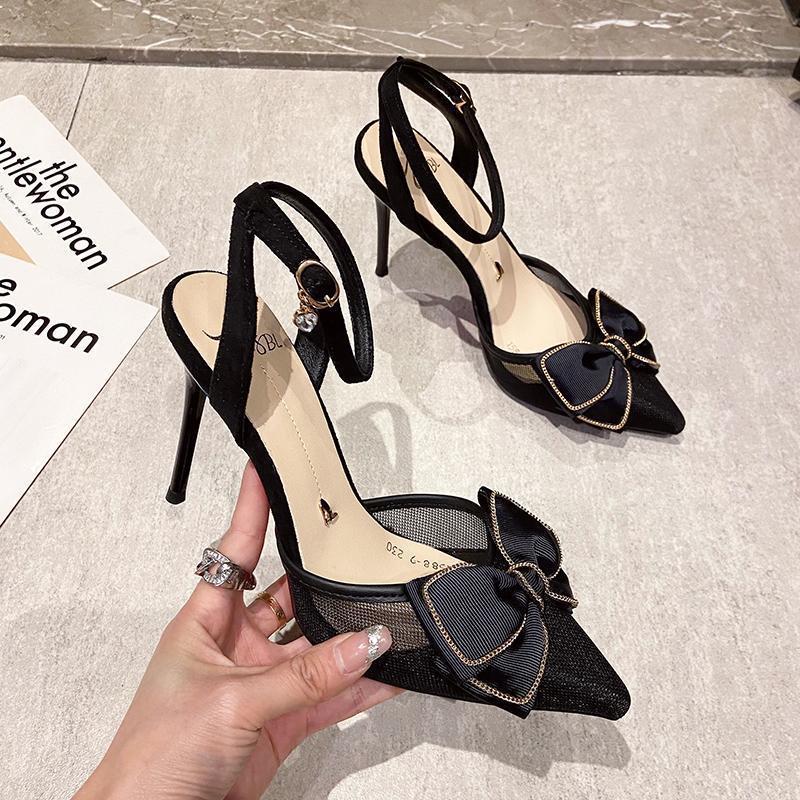 Sweet bow stiletto single shoes women's summer 2025 new women's shoes mesh bag head pointed high heel sandals
