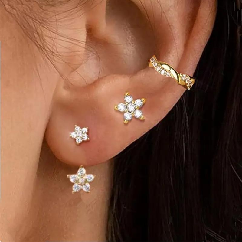 3PCS Crystal Flower Tragus Stud Earring Set Women Fashion Square Huggie Hoop Earring Bulk Cartilage Helix Jeweley Lobe Piercing