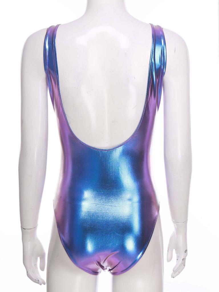 Dámské lesklé metalické body bez rukávů S-3XL - Taneční jógové gymnastické trikotové body Jumpsuit pro pódiové vystoupení Rave kostým