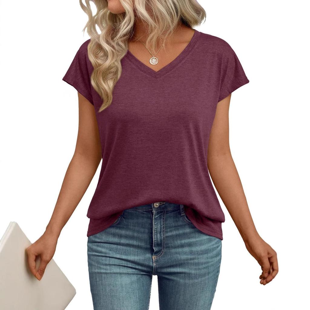 Spring and summer new European and American women's clothing solid color V-neck short-sleeved T-shirt loose casual top