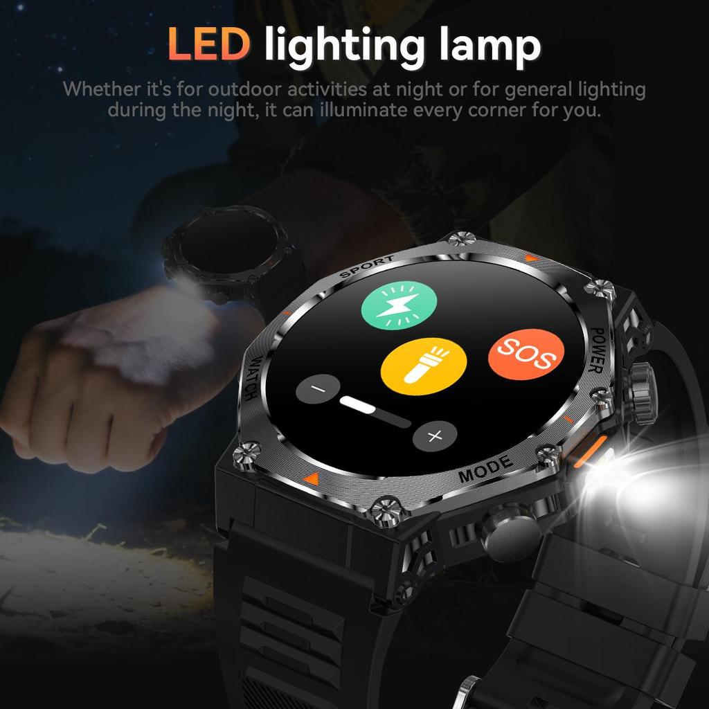 Militärische QTLLBT SmartWatch 1,46 Zoll HD LED Taschenlampe Kompass Fitness Tracker mit Funktion Sportuhr, Herzfrequenz SPO2 Kompatibel mit
