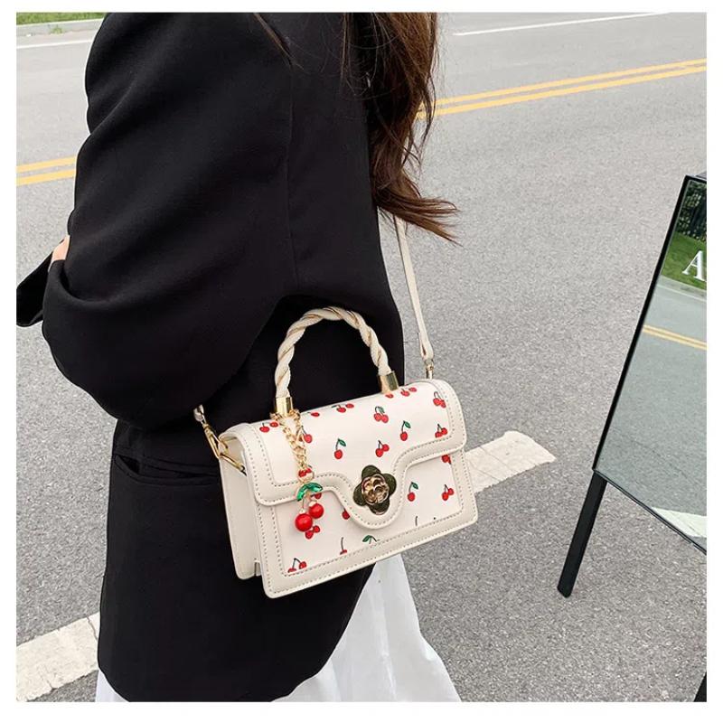 Sweet Cherry Square Chains Crossbody Bags for Woman Luxury Designer Brand Handbags Shoulder Bag New Female Black White HandBag