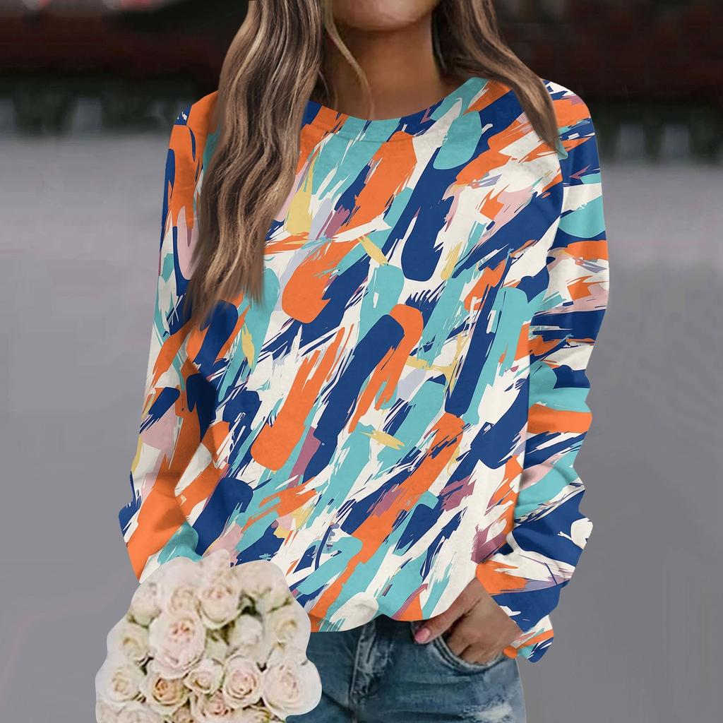 Ladies' Casual Long Sleeved Retro Floral Print Round Neck Raglan Top Pullover Sweater