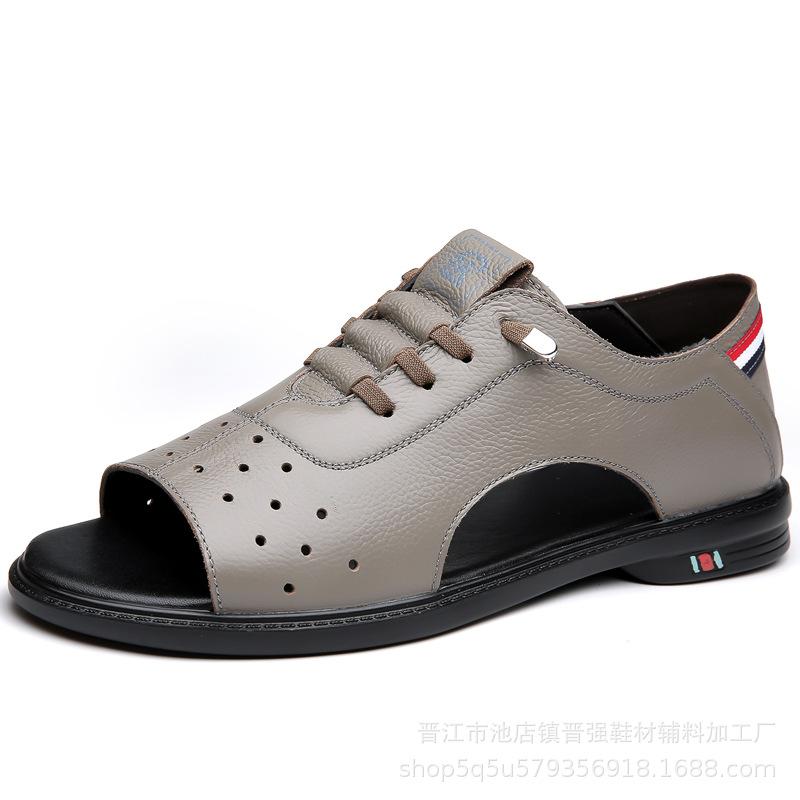 

Summer men s new first-layer cowhide shoes breathable British hole shoes one-pedal lazy shoes trendy slippers 44 сірий колір