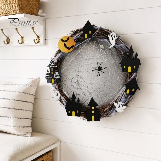 Front Porch Decoration Halloween Spider Web Wreath, Spooky Vine Branch Wreath with Ghost Castle Bat Cabin Party Props for Door, Farmhouse, Indoor,