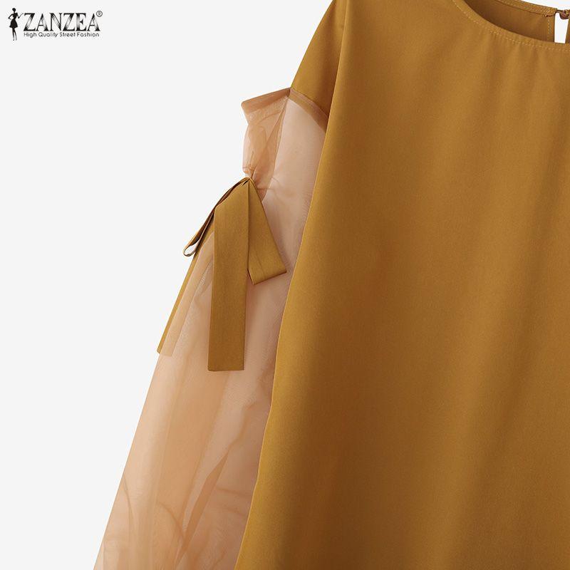 ZANZEA Women Casual Round Neck Mesh Splice Long Sleeve Blouse