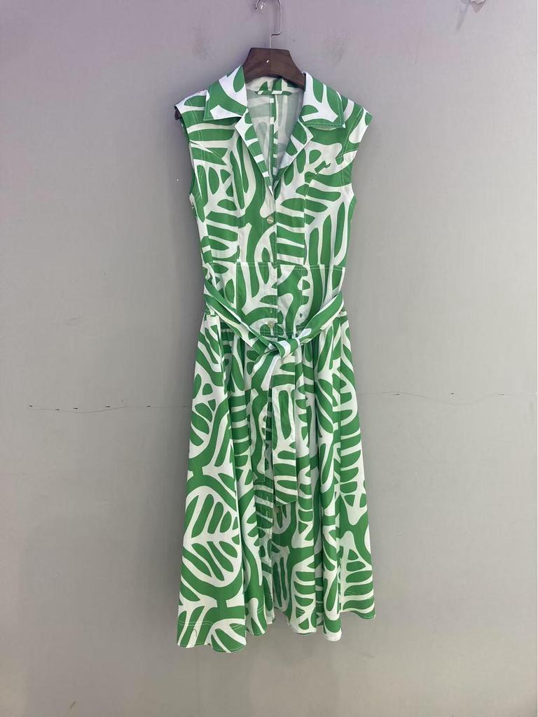 DVF Early Autumn Green & White Palm Leaf Dress with Waist Belt - Flattering Resort Fashion