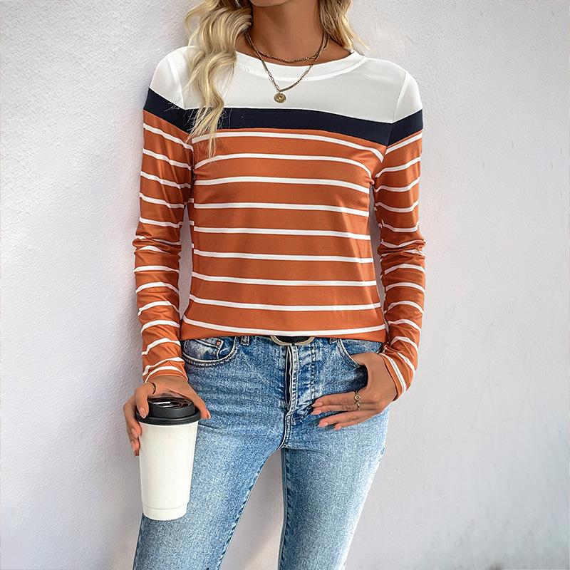 

Весенне-летняя женская повседневная футболка с длинным рукавом и круглым вырезом в полоску XL коричневый