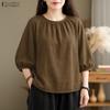 ZANZEA Women Casual 3/4 Sleeve Solid Color Loose Round Neck Blouse