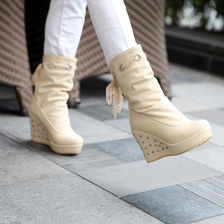 European and American fashion short boots wedge heel high heel women's boots sweet lace belt lady shoes trick