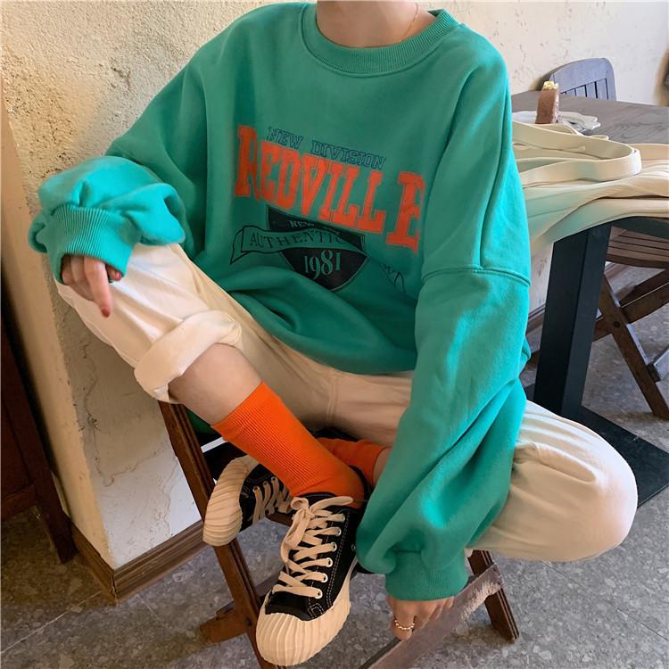 Ladies Long Sleeve Velvet Hoodie Women's Oversize O-neck Loose Letter Printed Sweatshirt Tops for Student