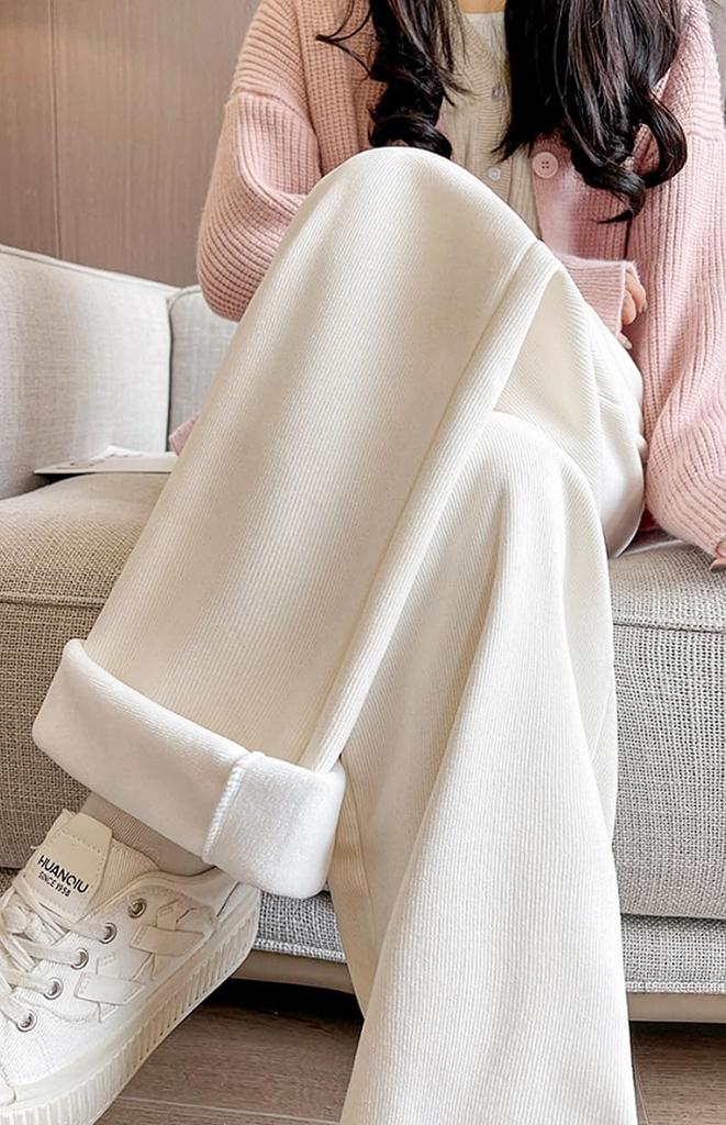 KUWABOKU Corduroy Ribbed Wide Available In a Variety of Solid Elastic Long Winter Women's Pants, Casual, Warm, Fleece-Lined, Colors, Stylish, Trendy,