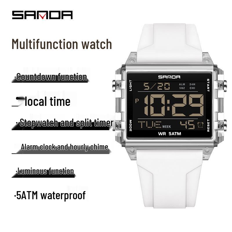 Sanda Waterproof Luminous Sports Watch: Square, Transparent Timer for Students