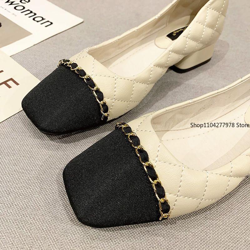 Fashion Office Woman Footwear Beige Fashion Leather Casual Shoes For Women Block Heel Square Toe Low Elegant Popular Vacation Spring Y2k