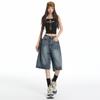 Y2K Street Vintage Tiefer Bund Schräge Tasche Gewaschene Whisker Weites Bein Jorts Bermuda Jeansshorts