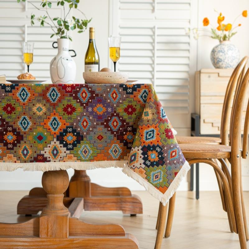 Bohemian Jacquard Tablecloth Thick Cotton Linen Rectangular Fringed Table Cover 60*60cm