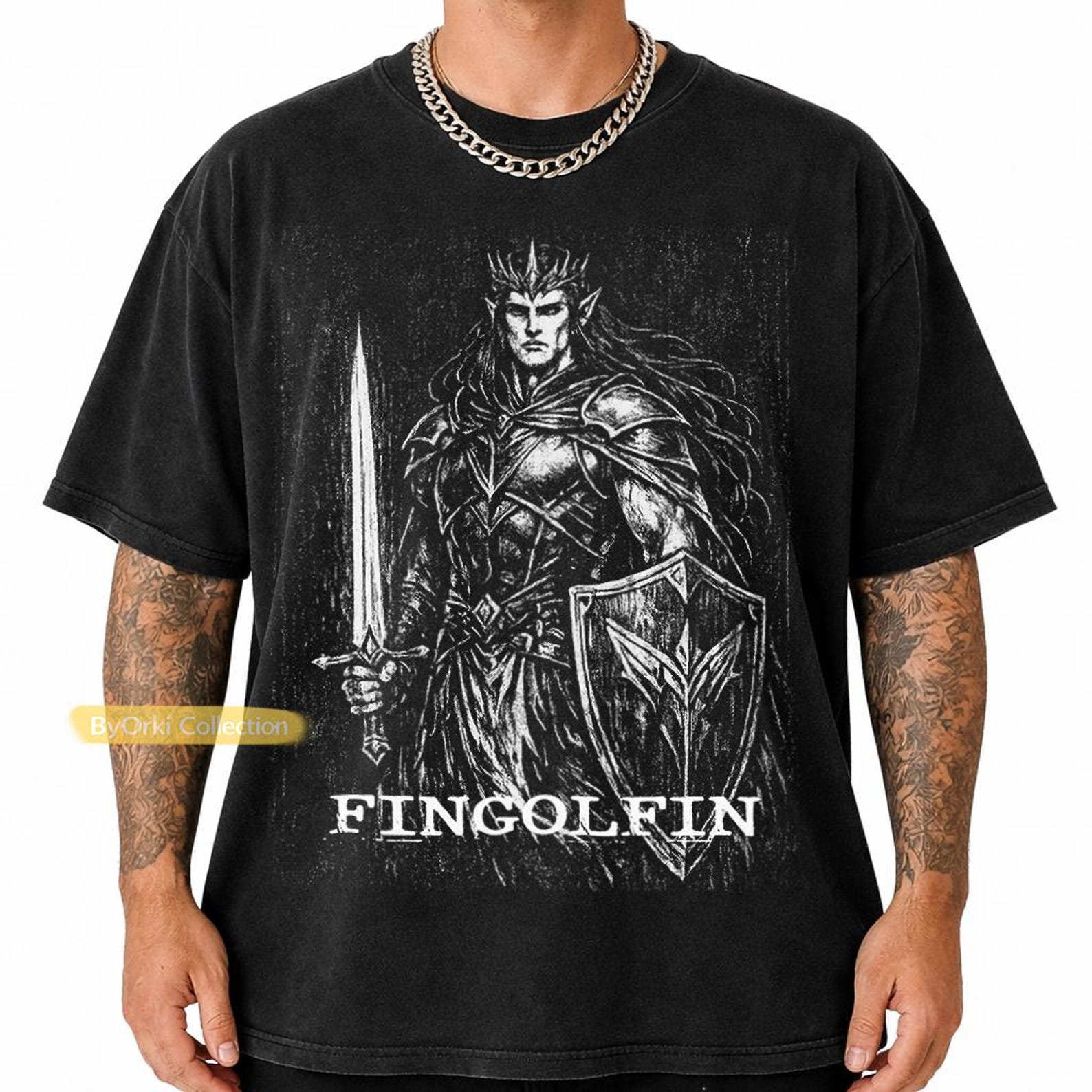Fingolfin Dark Fantasy T shirt, Middle-earth Elven Warrior Print S