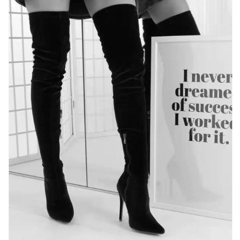 

Модные бархатные ботфорты для женщин 2025 Новые весенне-осенние ботинки выше колена Женские туфли с острым носком на шпильке Большие размеры Эластичные ботфорты до бедра 34