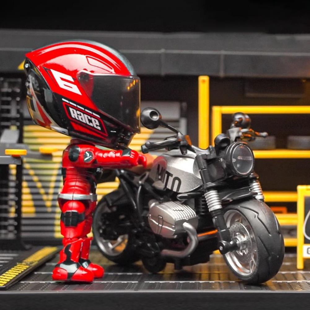 Transforming Motorcycle Rider Figurine Deformable Helmet Racing Driver Action Figure with Movable Joints Desktop Decoration