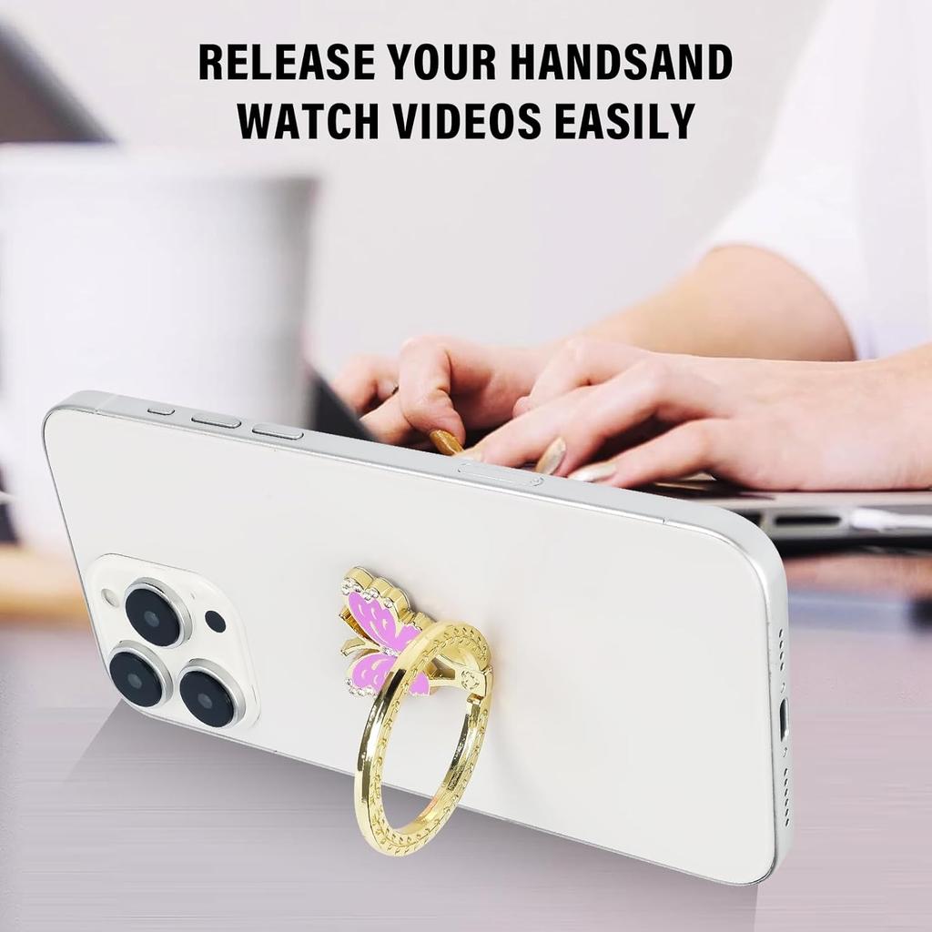 Guppy Glitter Cell Phone Ring Holder Finger Kickstand, Bling Metal Cute Butterfly 180°Rotate Finger Ring Golden Kickstand Adjustable Sparkle Phone