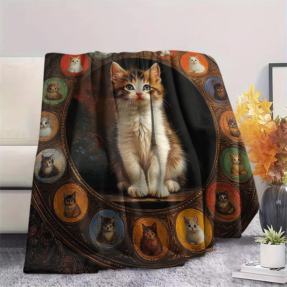 Tabby Cat Print Flannel Blanket, High quality Comfortable for All Seasons, Home Decor, Warmth and Comfort, Perfect for Christmas Gifts