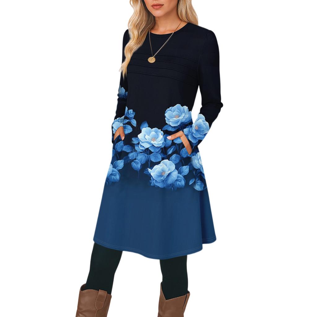 Kvinners avslappet mote langermet grafisk trykt vintage kjoler med lommer