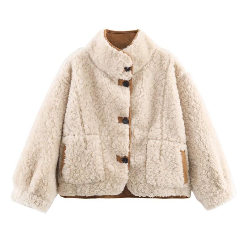 Womens Reversible Streetwear Jacket Winter 2025 Double-Sided Faux Leather Coat With Stand Collar Pocket Detail