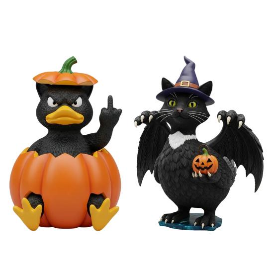 Halloween Ornament Pumpkin King Cat Duck Black Cat in Pumpkin Angry Expression Middle Finger Gesture Spooky Season Decor