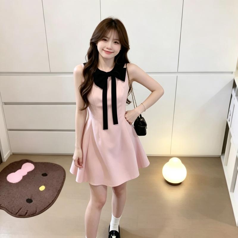French Daughter Style Pink Dress Children's Sleeveless Neck Bow Short Skirt Princess Style Birthday Temperament Dress
